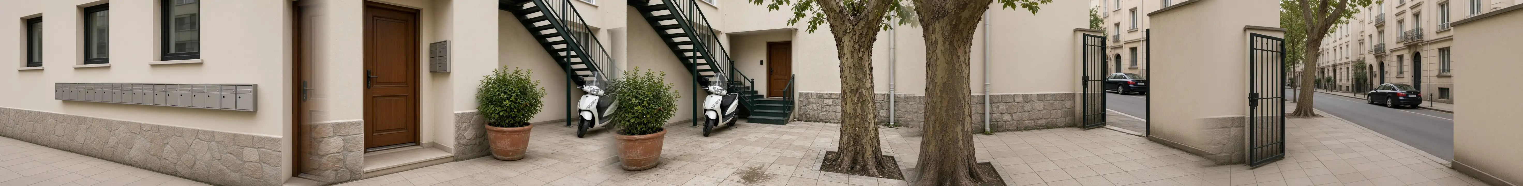 Örnek panorama: apartman girişi, avlu ve sokak
